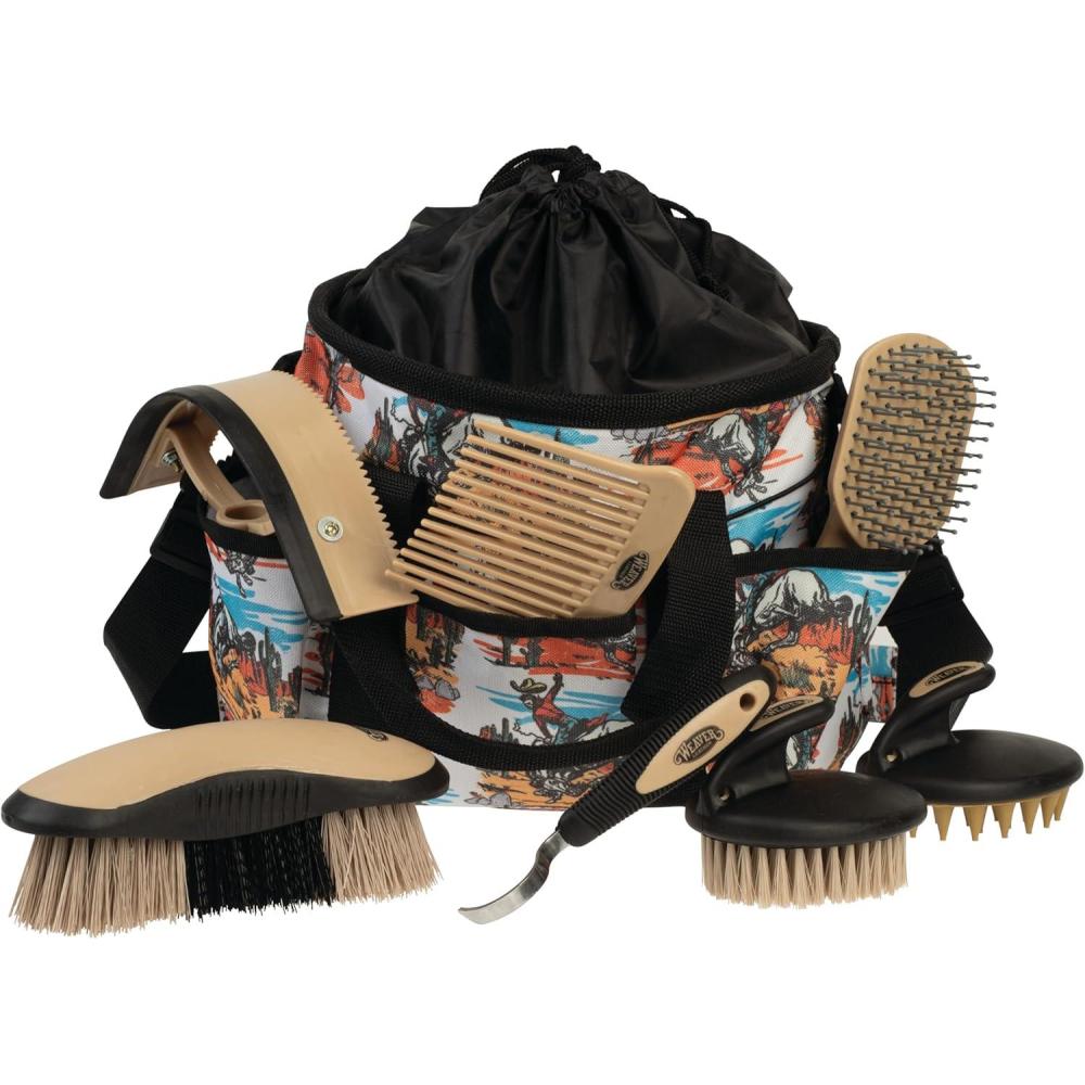 imageWeaver Leather Horse Grooming Kit 7piece Horse Brush Set with Organizer Tote Bag Equine Care Horse Tack Room Equipment Grooming Horse SuppliesBucking Bronc