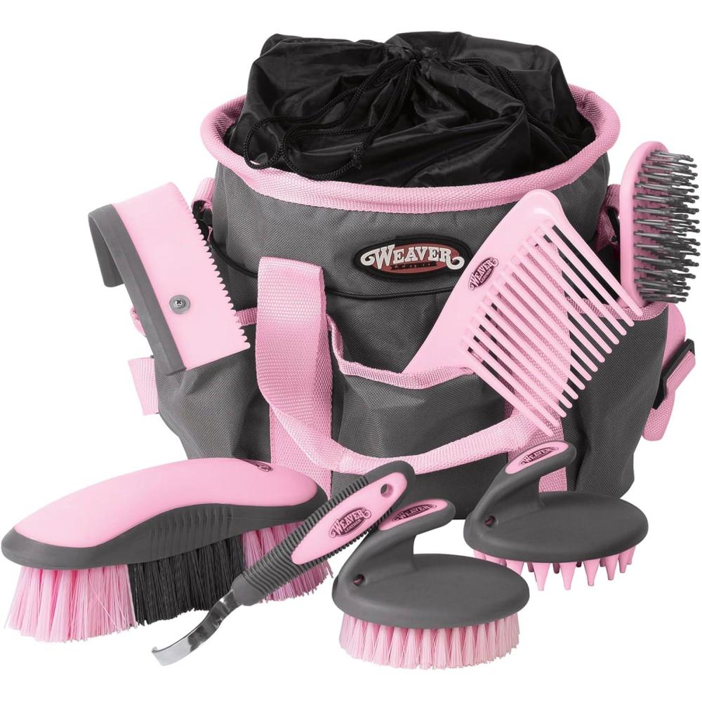 imageWeaver Leather Horse Grooming Kit 7piece Horse Brush Set with Organizer Tote Bag Equine Care Horse Tack Room Equipment Grooming Horse SuppliesGrayPink