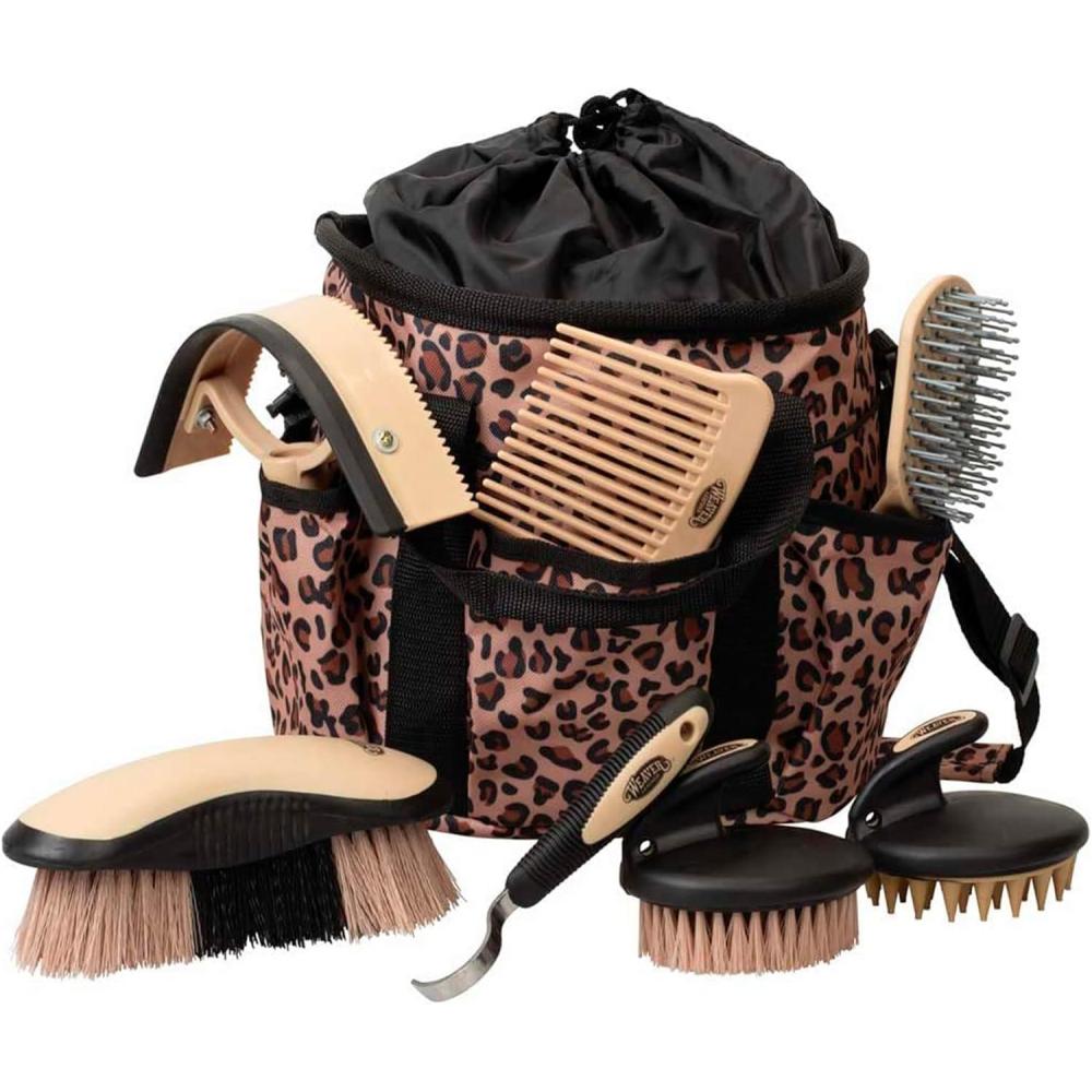 imageWeaver Leather Horse Grooming Kit 7piece Horse Brush Set with Organizer Tote Bag Equine Care Horse Tack Room Equipment Grooming Horse SuppliesTan Leopard