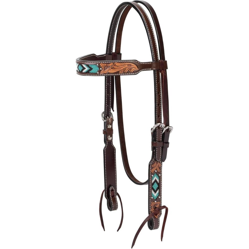 imageWeaver Leather Turquoise Diamond Beaded Horse Headstall Leather Headstalls for Horses for Trail Riding Durable Equine Supplies Dark OilBrowband Headstall