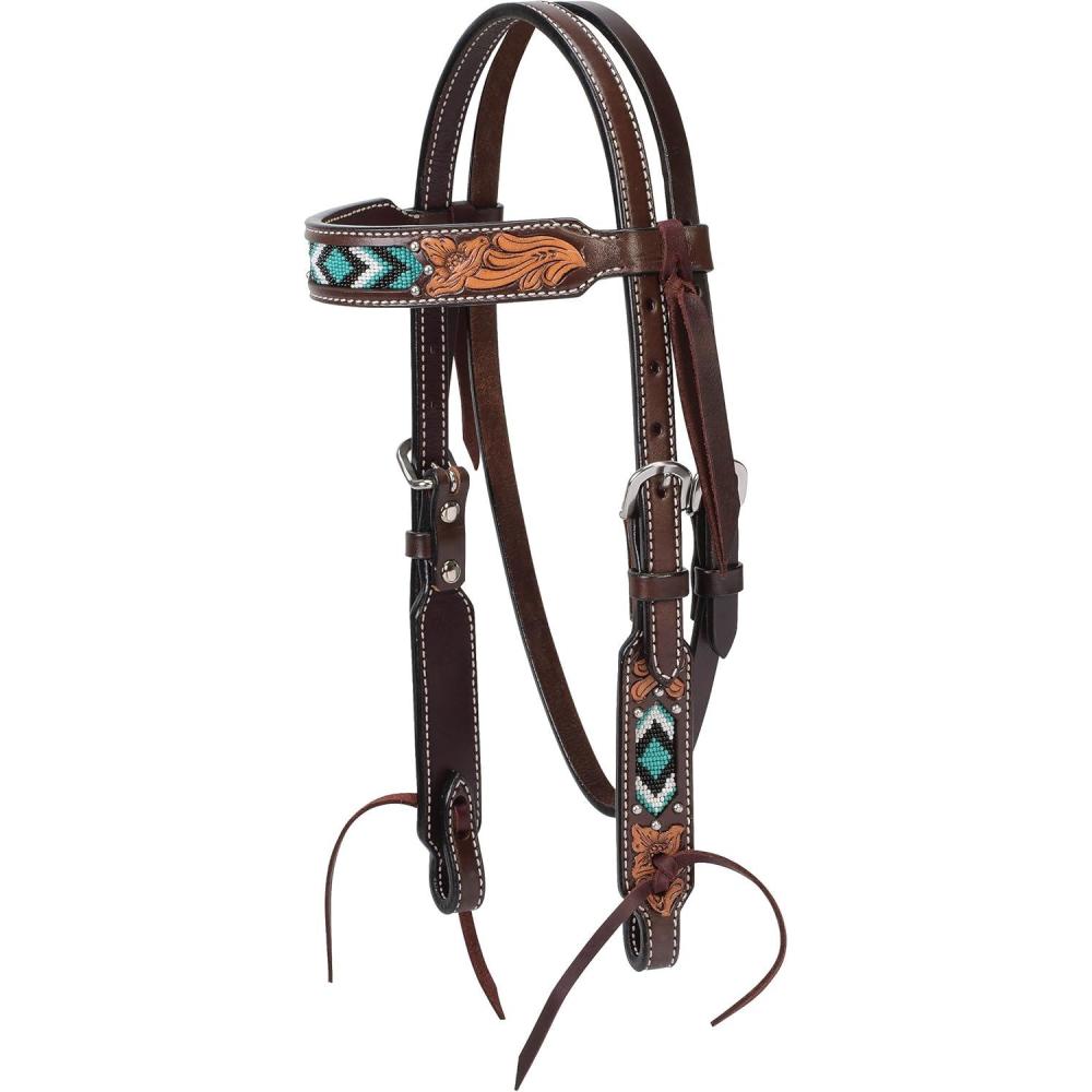 imageWeaver Leather Turquoise Diamond Beaded Horse Headstall Leather Headstalls for Horses for Trail Riding Durable Equine Supplies Dark OilPony Browband Headstall