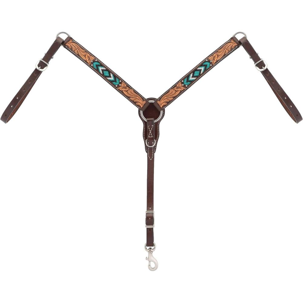 imageWeaver Leather Turquoise Diamond Beaded Horse Headstall Leather Headstalls for Horses for Trail Riding Durable Equine Supplies Dark OilPony Straight Breast Collar