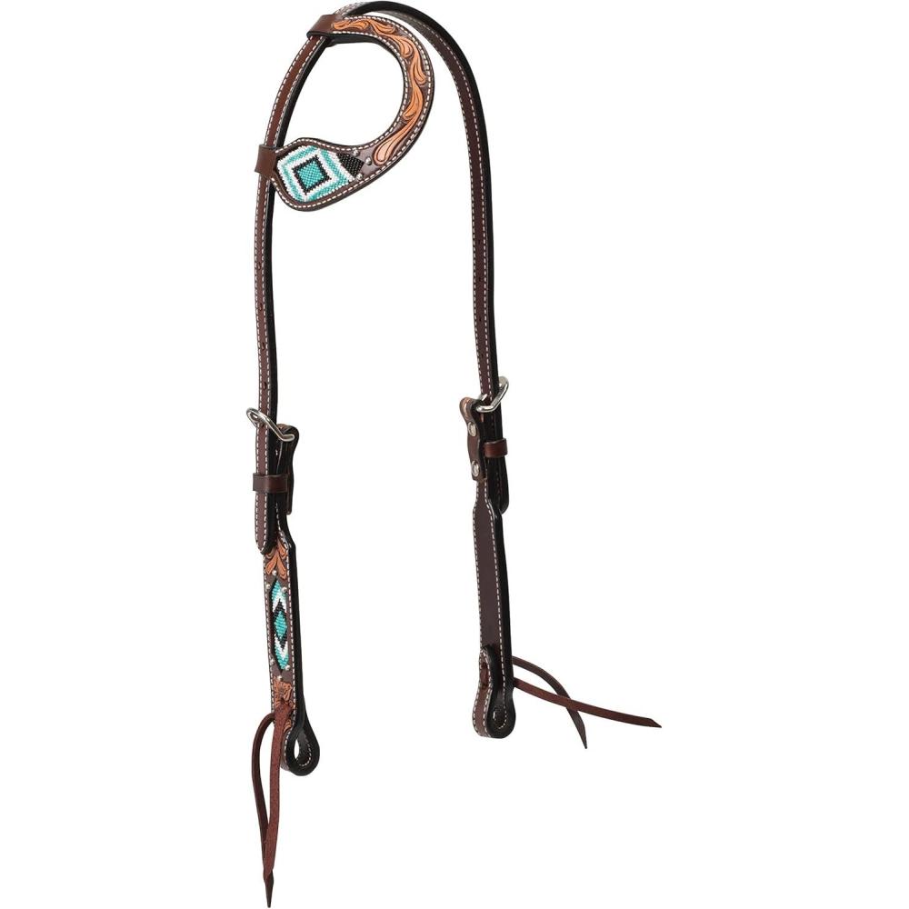 imageWeaver Leather Turquoise Diamond Beaded Horse Headstall Leather Headstalls for Horses for Trail Riding Durable Equine Supplies Dark OilSliding Ear Headstall