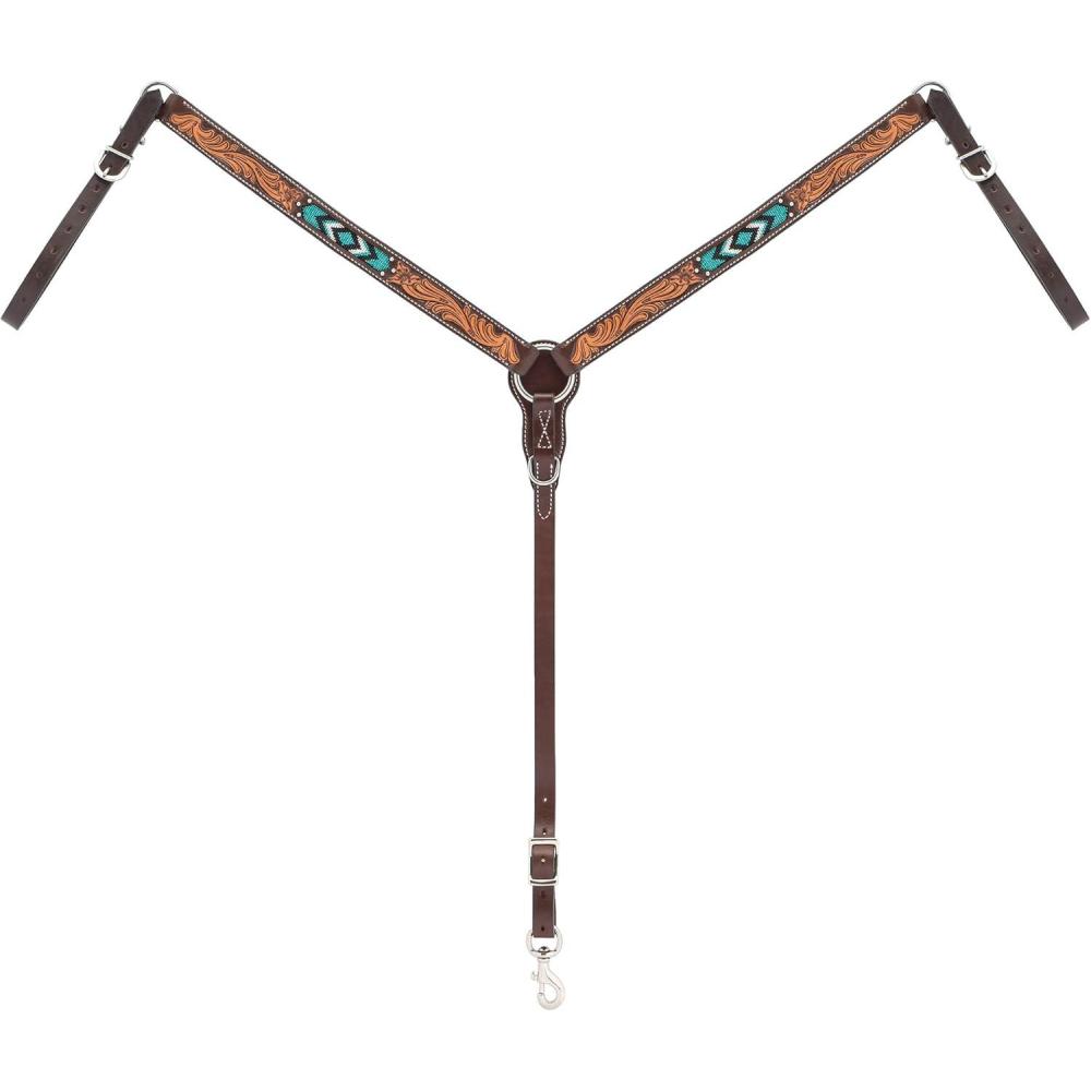 imageWeaver Leather Turquoise Diamond Beaded Horse Headstall Leather Headstalls for Horses for Trail Riding Durable Equine Supplies Dark OilStraight Breast Collar
