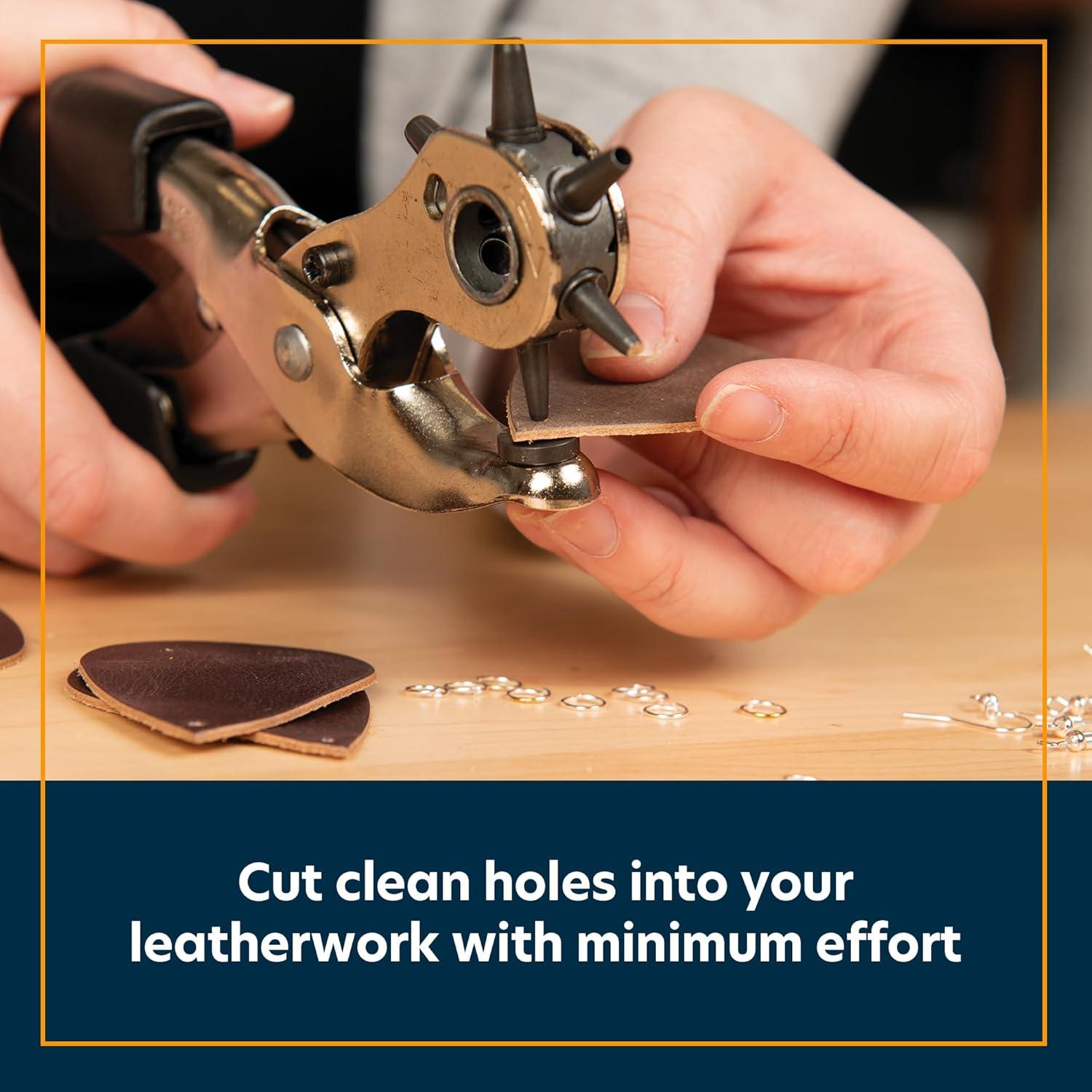 imageWeaver Leather Supply Heritage Compound Action Revolving Leather Hole Punch Tool Heavy Duty Punch Pliers Hole Maker for Belts and More Full Size