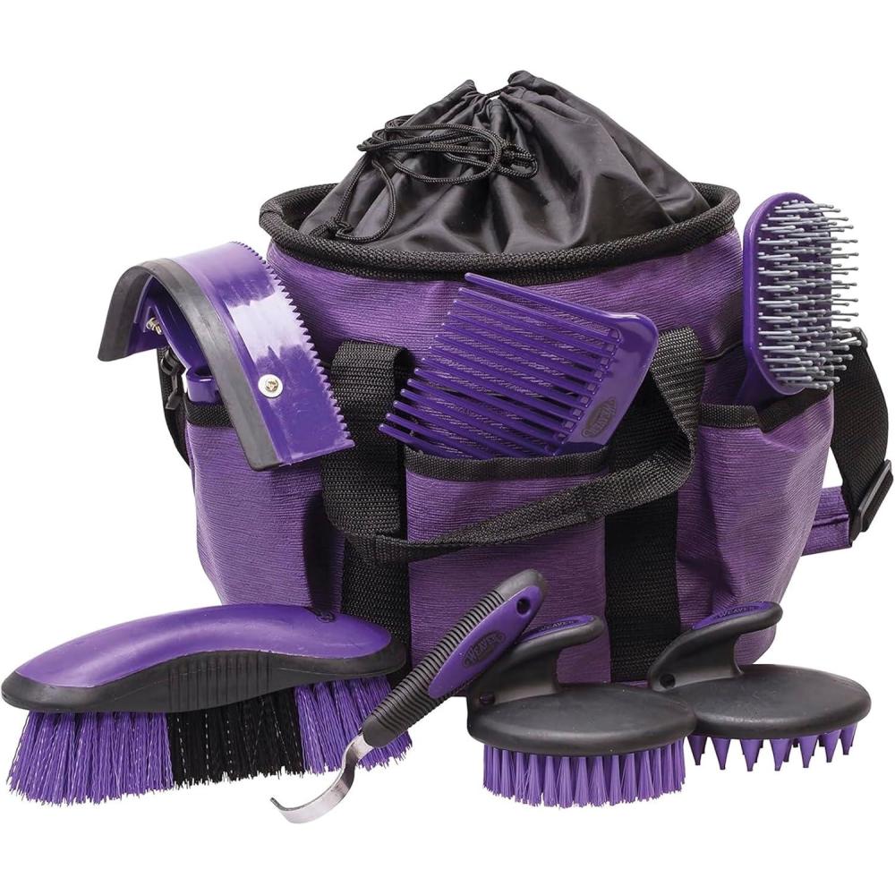 imageWeaver Leather Horse Grooming Kit 7piece Horse Brush Set with Organizer Tote Bag Equine Care Horse Tack Room Equipment Grooming Horse Supplies
