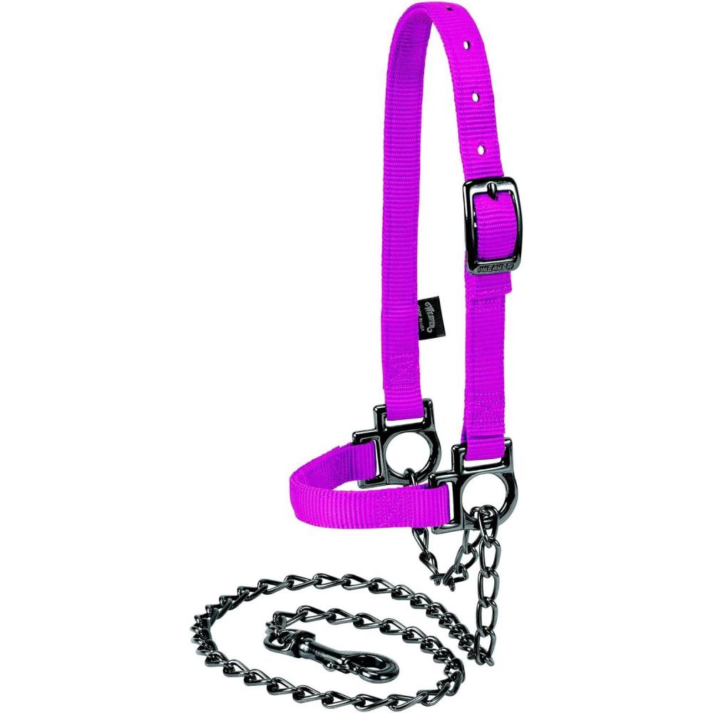 imageWeaver Leather Livestock Nylon Adjustable Sheep Halter with Chain Lead BlackHot Pink