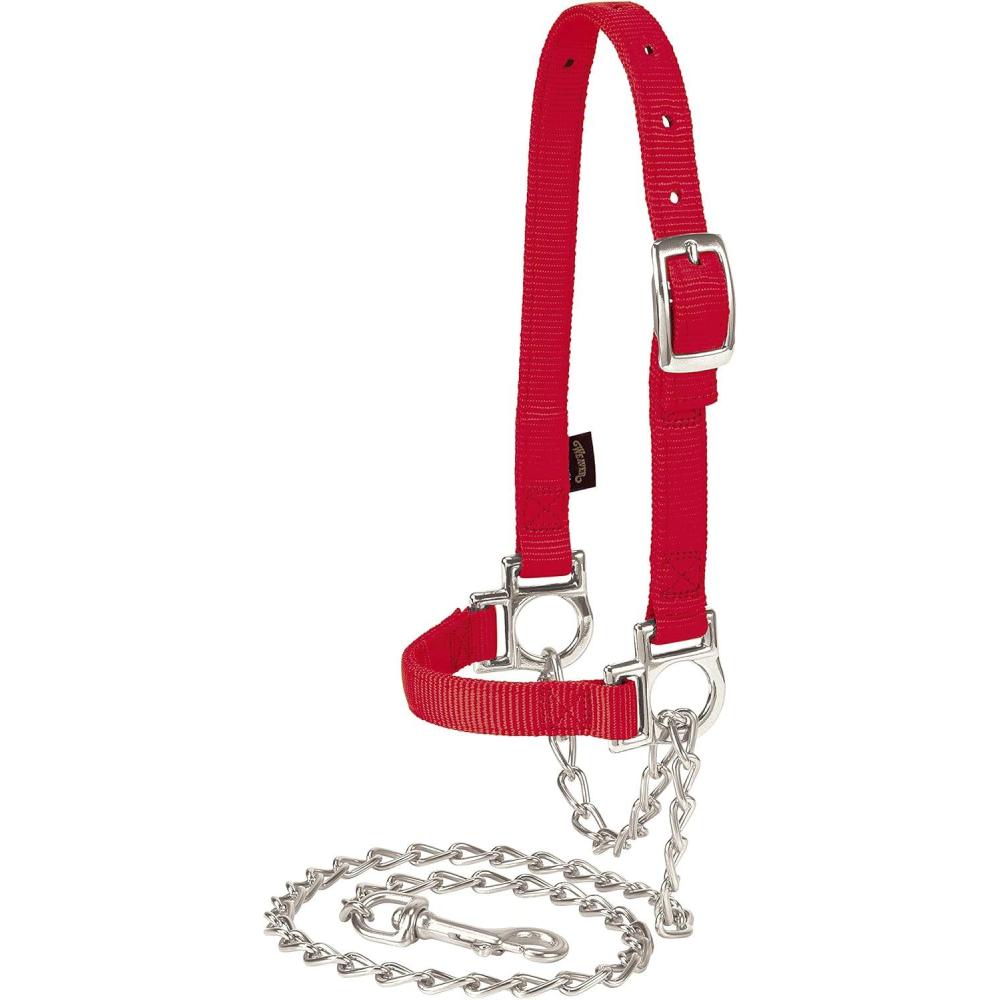 imageWeaver Leather Livestock Nylon Adjustable Sheep Halter with Chain Lead BlackRed