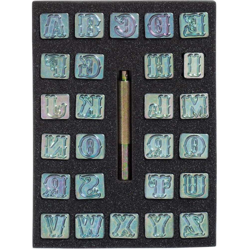 imageWeaver Leather Supply Alphabet Leather Stamps DieCast Uppercase Letter Punch Set with Handle Leathercraft Tool for Belt Bags and More 34 Silver