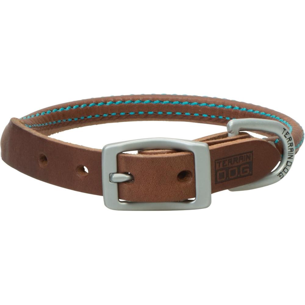 imageTerrain DOG Harness Leather Rolled Dog CollarBrown with Hurricane Blue Stitching