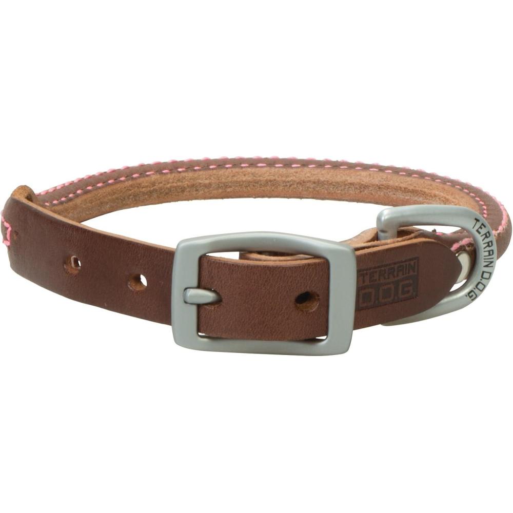 imageTerrain DOG Harness Leather Rolled Dog CollarBrown with Pink Stitching