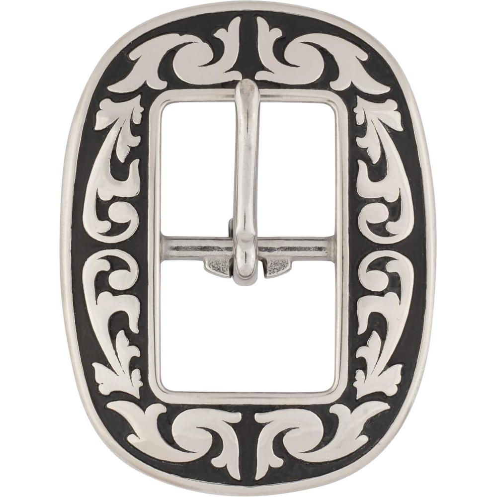 imageWeaver Leather 04420BS1 Jeremiah Watt Floral Oval Center bar Buckle Stainless Steel with Black Accents 1quot